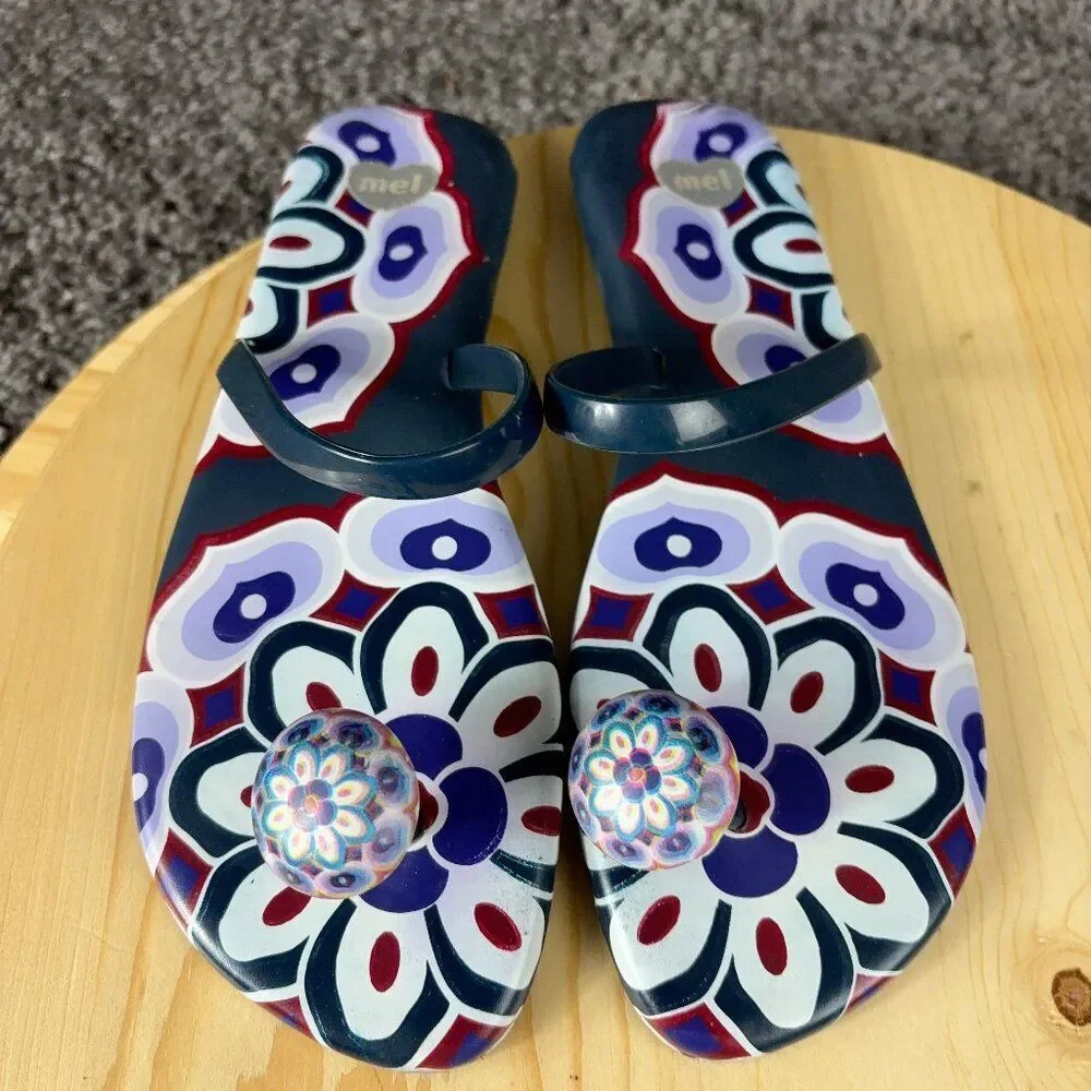 Melissa Mel Mushroom Thong Sandals Womens Size 8 Blue Purple Floral Slip On Flat - Picture 6 of 9